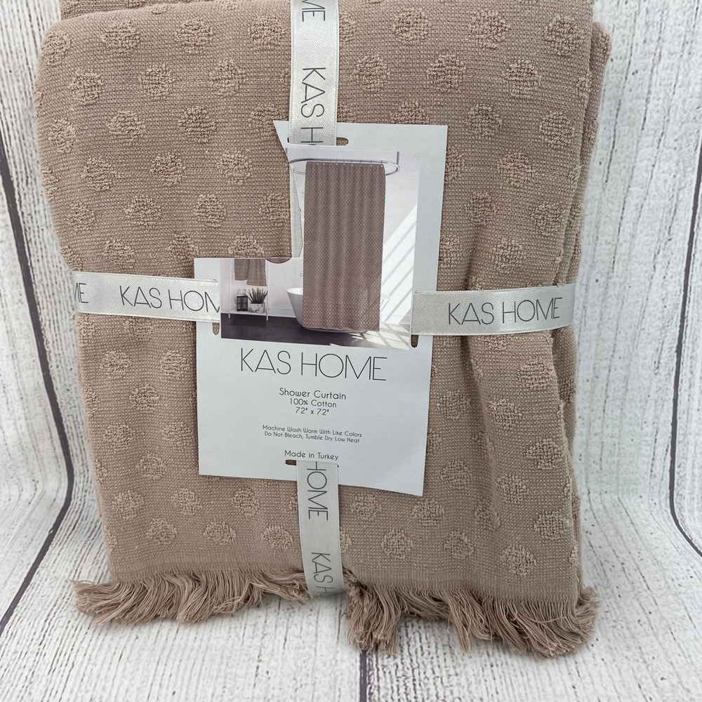 Kas Home Shower Curtain Brown Taupe Tufted Dot Fringed 100% Cotton Boho Natural